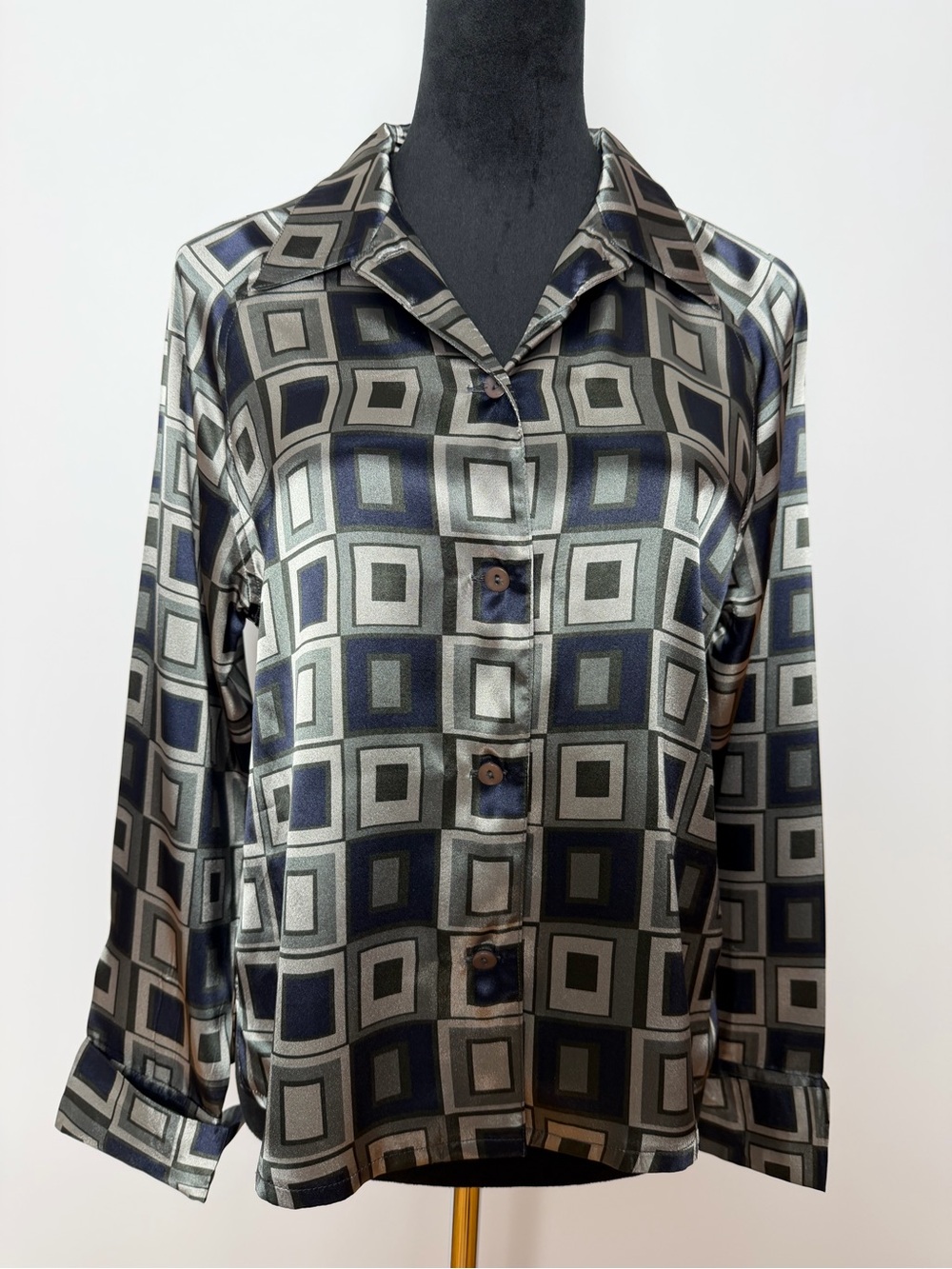 Harve Benard Satin Geometric Button-Down Shirt - Black & Silver Size 8P